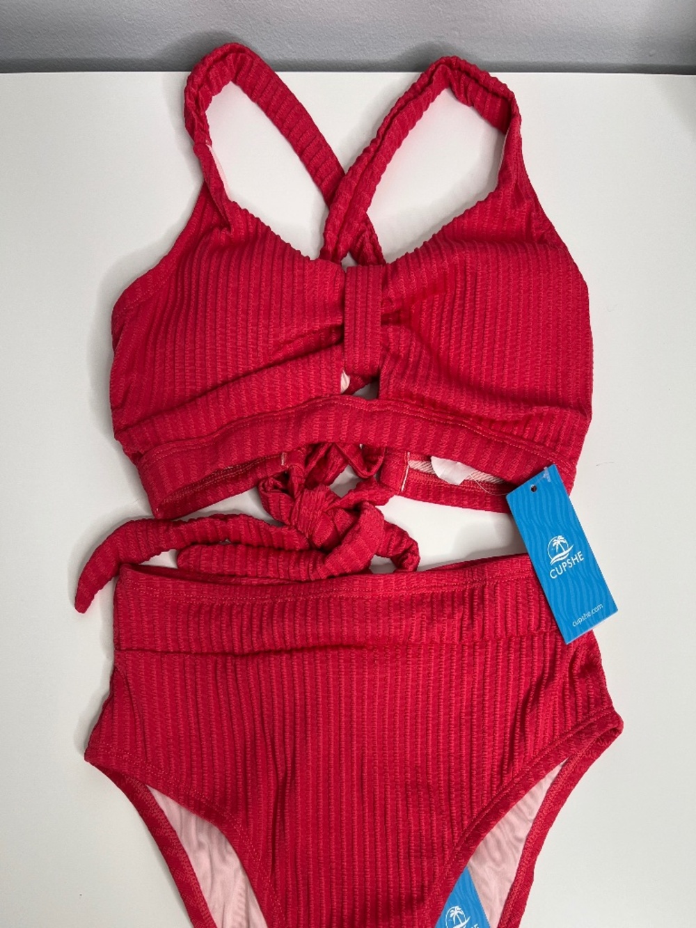 NWT Cupshe Raspberry Pink Ribbed DD+ High Waisted Bikini Set S-DD / Small - Picture 2 of 7